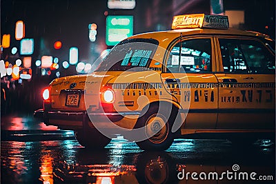 Yellow taxi cab in Tokyo type city at night Stock Photo