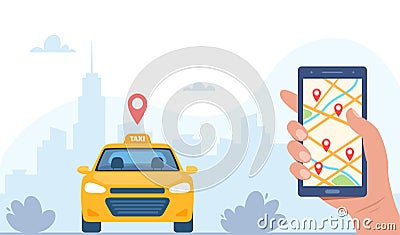 Yellow Taxi Car, front view, on city landscape background. Taxi mobile ordering service app concept. Hand holding smartphone with Vector Illustration