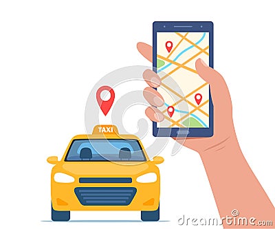 Yellow Taxi Car, front view. Taxi mobile ordering service app concept. Hand holding smartphone with geotag gps location pin on Vector Illustration