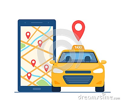 Yellow Taxi Car, front view. Taxi mobile ordering service app concept. Smartphone with geotag gps location pin on city map. Vector Vector Illustration