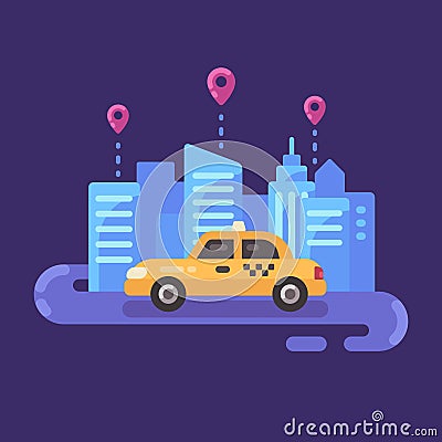 Yellow taxi car on the road at night. Taxi service flat illustration Vector Illustration