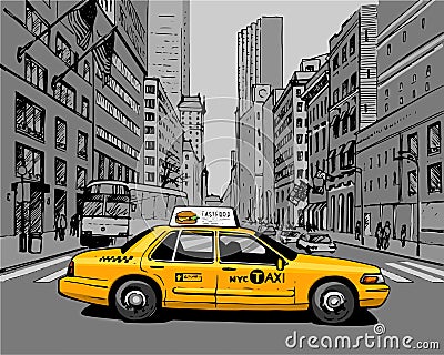 Yellow Taxi in the city street Vector Illustration