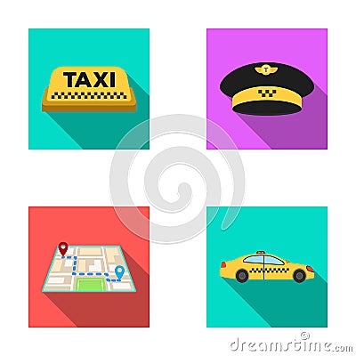 Yellow taxi inscription, a cap with a taxi badge, a map with a mark, a car with checkers. Taxi set collection icons in Vector Illustration