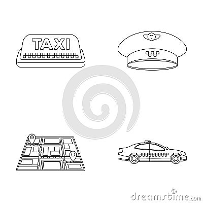 Yellow taxi inscription, a cap with a taxi badge, a map with a mark, a car with checkers. Taxi set collection icons in Vector Illustration