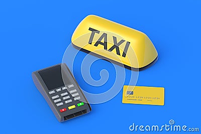 Yellow taxi sign near credit card and cash register. Payment for carrier services Stock Photo