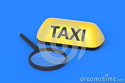 Yellow taxi sign near magnifier. Carrier search. Research of the passenger transportation market Stock Photo