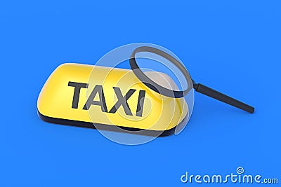 Yellow taxi sign near magnifier. Carrier search. Research of the passenger transportation market Stock Photo