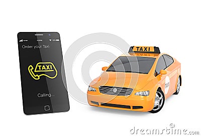 Yellow taxi and smart phone for mobile taxi order service concept Stock Photo