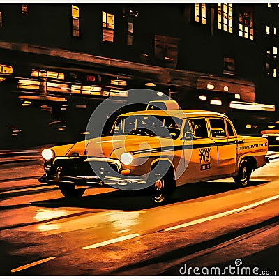 Yellow taxicab riding fast at night Stock Photo