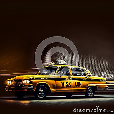 Yellow taxicab riding fast at night Stock Photo