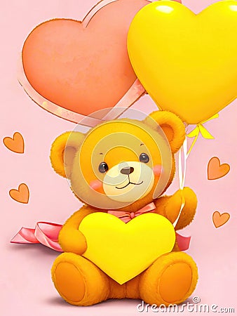 Happy valentine yellow teddy bear holding pink heart. Romantic gift, greeting card with place for text. Generative AI Stock Photo