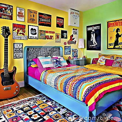 Yellow teenager bedroom and bed Stock Photo