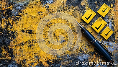 A yellow-themed checklist with checkmarks, depicting the concept of planning tasks. Three notes with checkboxes and a Stock Photo