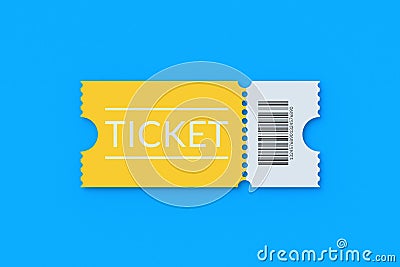 Yellow ticket for cinema, theatre, show and other entertainments on blue background. Top view Stock Photo