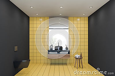 Yellow tile and black bathroom, sink and toilet Stock Photo