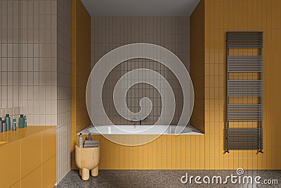 Yellow tile home bathroom interior with bathtub and towel rail Stock Photo
