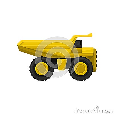 Yellow tipper big wheels. Flat vector icon of dumper truck with hydraulic tipping body. Heavy machine using in Vector Illustration