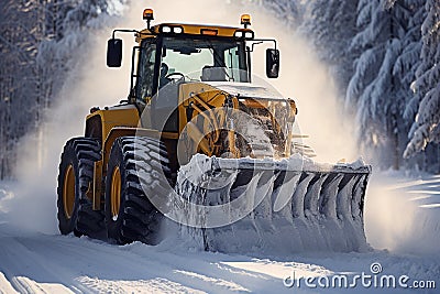 Yellow Tractor Bulldozer Clearing the Road from Snow in Winter with Big Shovel Stock Photo