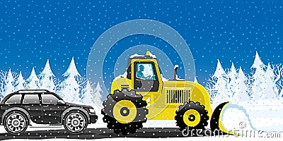 Yellow tractor removes snow. Vector Illustration