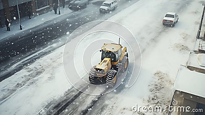 Yellow tractor working on dirty snowy street in the city. Snowplough cleaning the urban road, andremoving snow. Generative AI Stock Photo