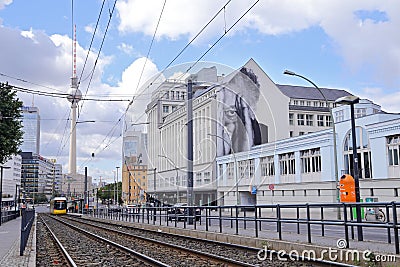 Yellow tram at Berlin Alexanderplatz. Editorial Stock Photo