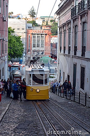 Yellow tram in Lisbon. Portugal. Tourism. Travel Portugal. Elevator Gloria Editorial Stock Photo