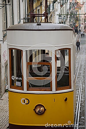 Yellow tram parked on a steep hill Editorial Stock Photo