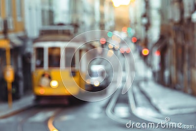 Yellow tram of the Route 28 on the street of Lisbon Stock Photo