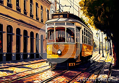 yellow tram on the street watercolor. Stock Photo