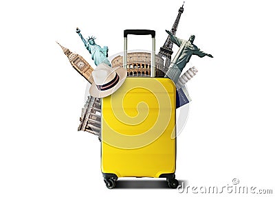 Yellow travel bag with world landmark Stock Photo