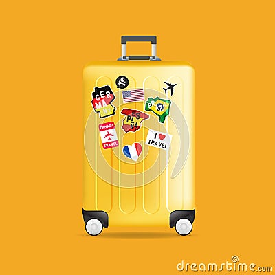 Yellow travel luggage with stickers, labels and Tags. Realistic suitcase. Vector Illustration