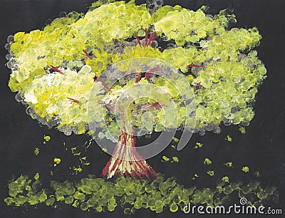 Yellow tree painted with acrylics on a black background Stock Photo