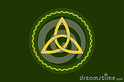 Yellow triquetra, celtic triangle knot, in circle frame, over green Vector Illustration