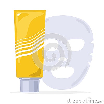 Yellow tube with grey lid. Rejuvenating mask with vitamins, minerals. Cosmetic clay or mud. Vector Illustration