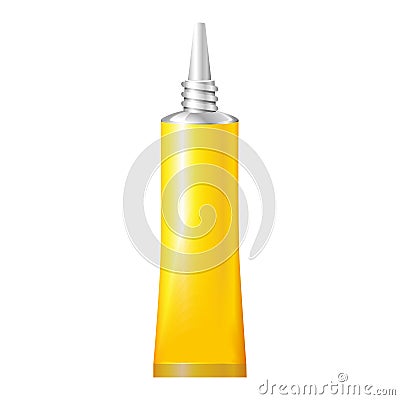 Yellow Tube Of Super Glue. Products On White Background Isolated. Ready For Your Design. Product Packing. Vector EPS10 Vector Illustration