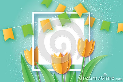 Yellow Tulips. Paper cut flower. 8 March. Women`s Day. Square frame Vector Illustration