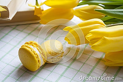 Yellow tulips, yellow daffodils, old books and lemon macaroons on a light background Stock Photo