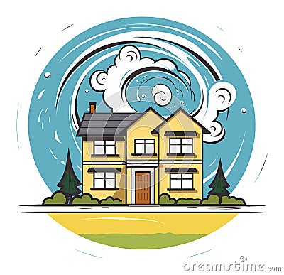 Yellow two-story house with a large tsunami wave approaching. Natural disaster and home emergency concept vector Vector Illustration