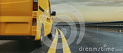 A yellow van is driving along the coastal highway Cartoon Illustration
