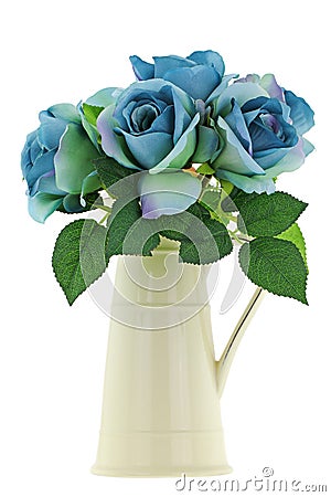 Yellow vintage enamel ceramic jug vase with blue green roses Stock Photo