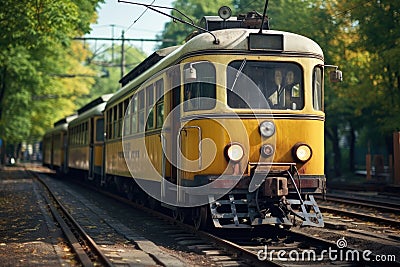 Yellow vintage tram in the city center. Historical street tramway Stock Photo