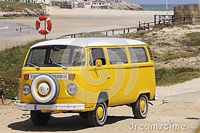 Yellow Vintage Van, Beach Scene, Summer Holidays Editorial Stock Photo