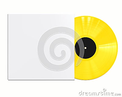 Yellow Vinyl Disc Record with White Cover Sleeve and Black Label Isolated on White Background. Stock Photo
