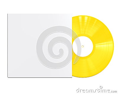 Yellow Vinyl Disc Record with White Cover Sleeve and Label Isolated on White Background. Stock Photo