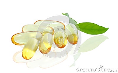 Yellow vitamin omega3 fish oil capsule on white background Stock Photo