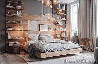 Yellow and warm modern bedroom with neutral wooden interior. AI Generative. Stock Photo