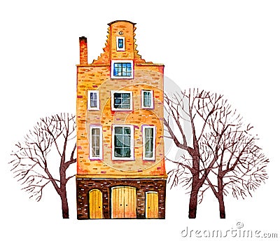 Yellow watercolor old stone europe house. Amsterdam building with trees. Hand drawn cartoon illustration Cartoon Illustration