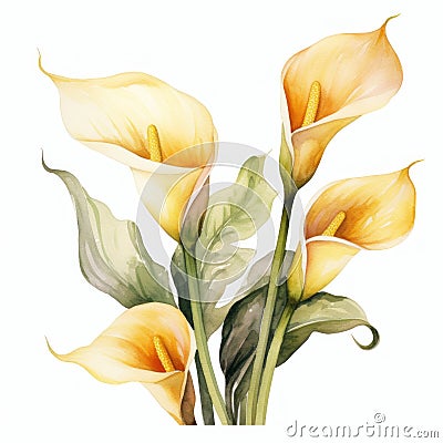 Yellow watercolour calla lily zantedeschia summer flower illustration on white background Cartoon Illustration