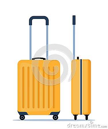 Yellow wheeled travel bag with hand. Plastic travel suitcase, front and side view. Vector illustration Vector Illustration