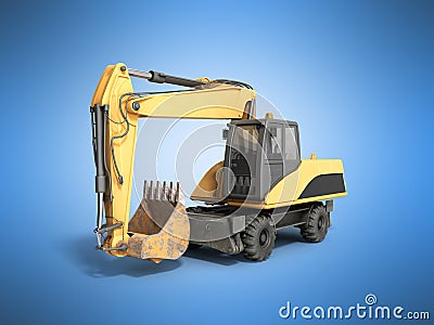 Yellow wheels Bulldozer 3d render on blue Stock Photo